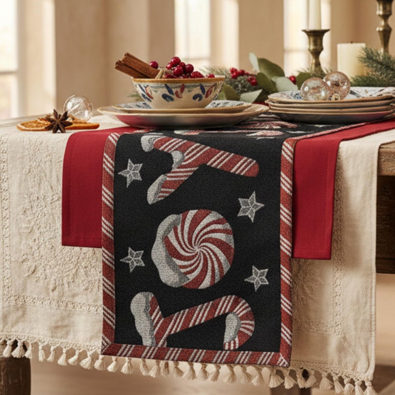 DaDa Bedding Starry Peppermint Joy Tapestry Table Runner - Festive Black Red Christmas Holiday Candy Cane Sweets - Cotton Linen Woven Kitchen Dining Mats - 13" x 90" (12904) - Image 1